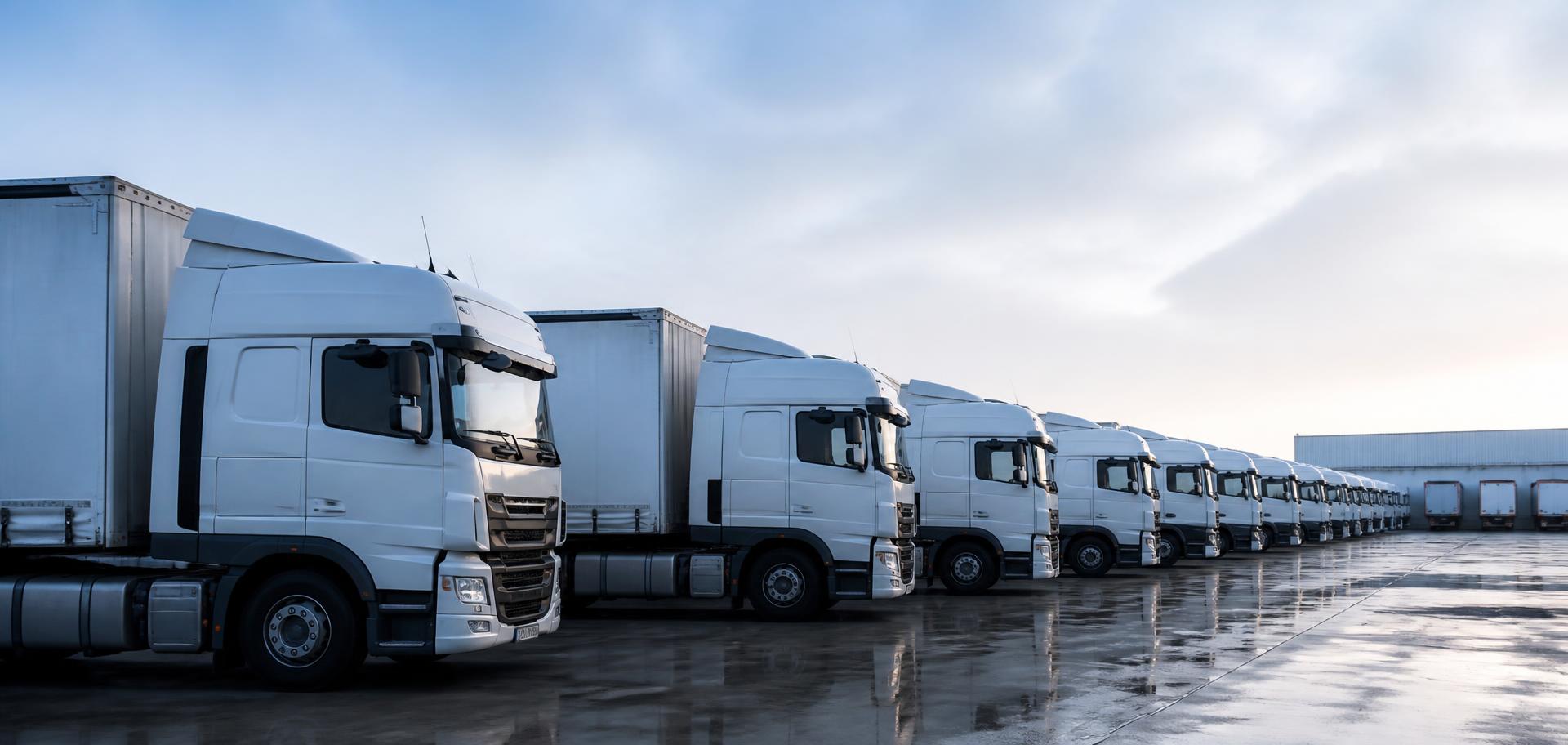 Veículos de transporte rodoviário de cargas em pátio operacional
